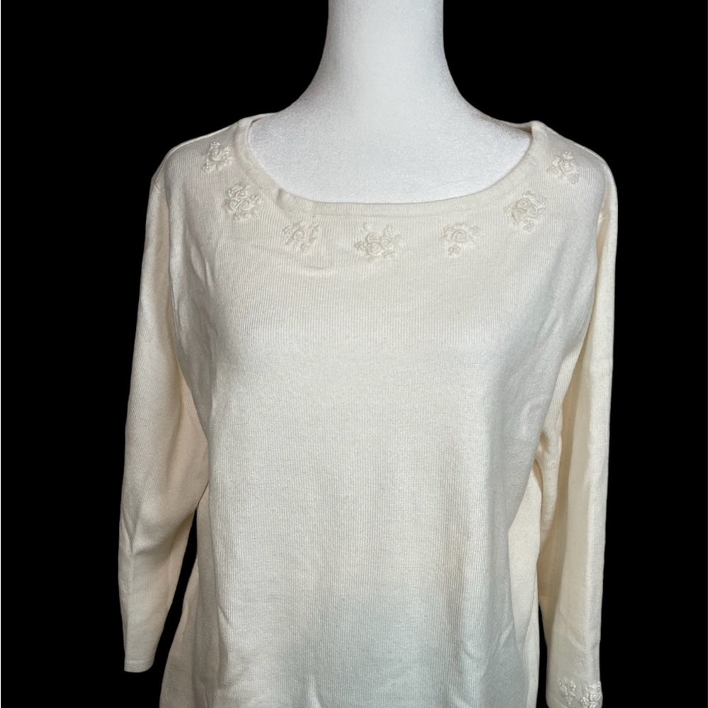Sag Harbor Cream Sweater with embroidery on top and end of sleeves. Size L.